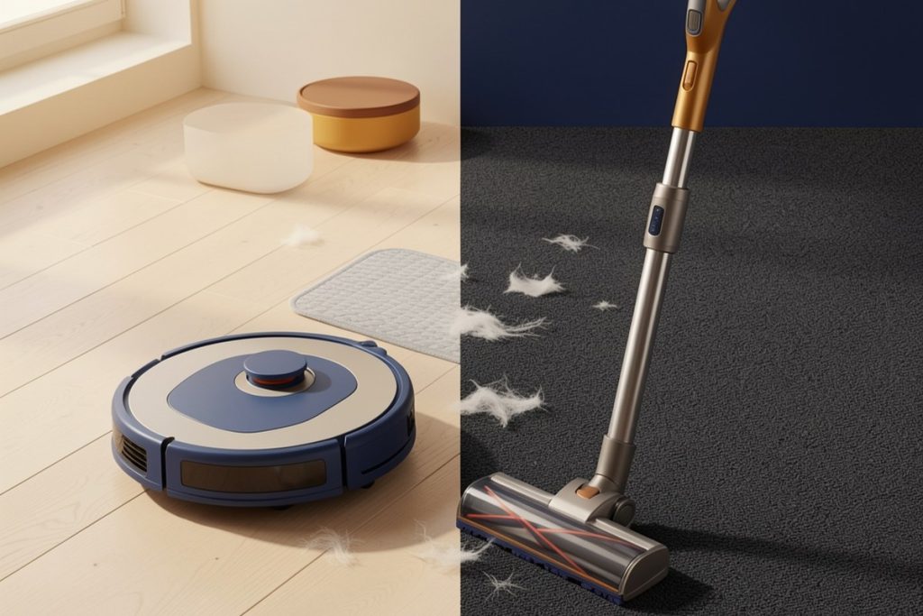 Conceptual illustration for Robot Vacuum vs Stick Vacuum for Pet Hair: What to Compare